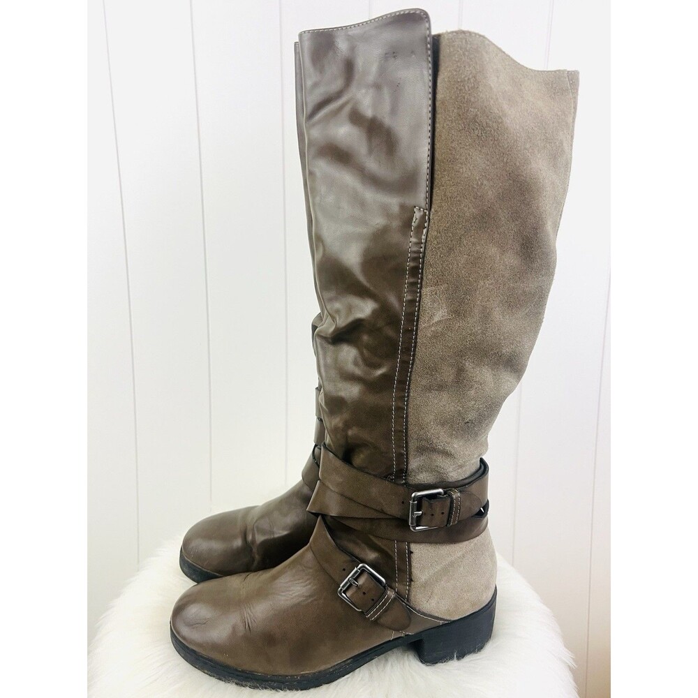 Limelight 'Nadine' Two Tone Brown Strappy Knee High Riding Boots 11WC Wide Calf